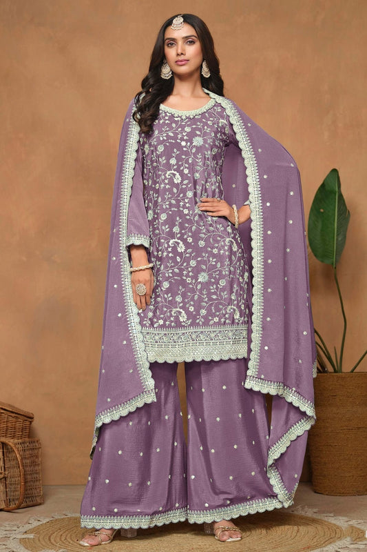 Purple Colour Chinon Palazzo Pant Suit SM1050581