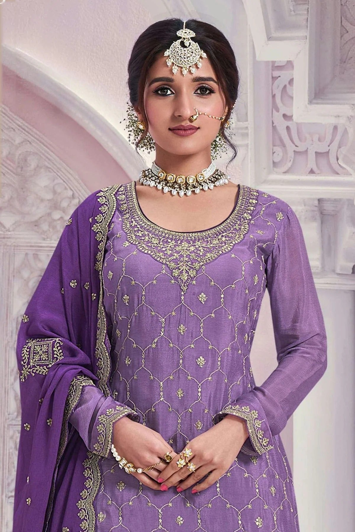 Purple Colour Chinon Palazzo Pant Suit SM1140602 A