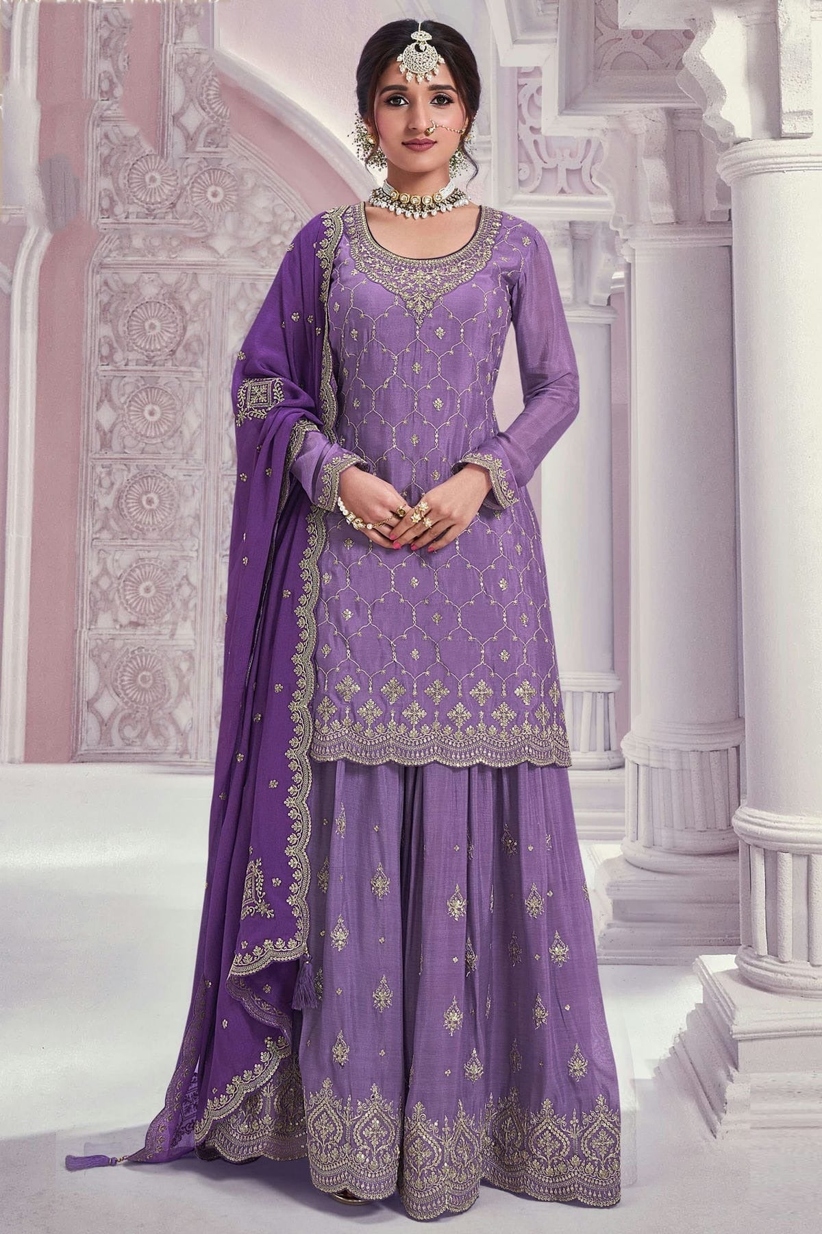 Purple Colour Chinon Palazzo Pant Suit SM1140602