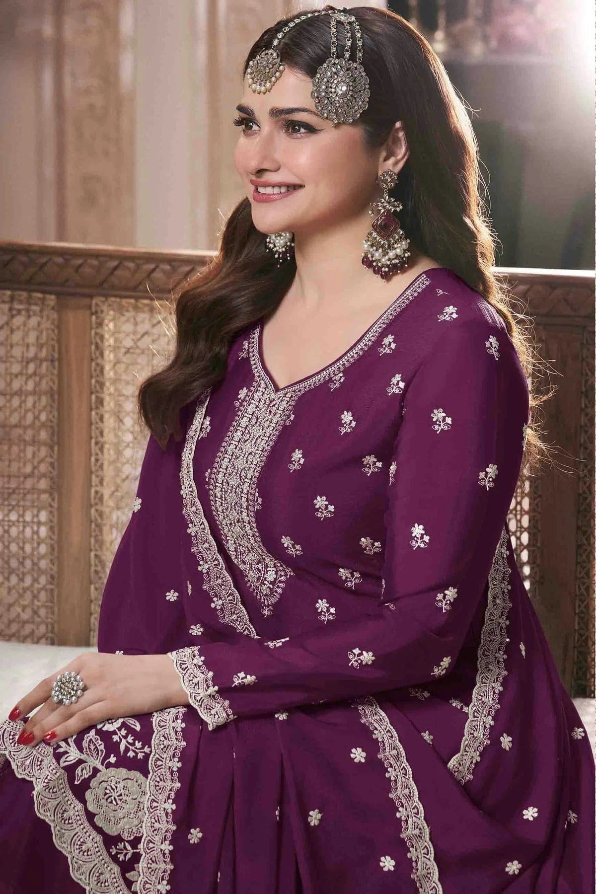 Purple Colour Chinon Palazzo Pant Suit SM1140916 A