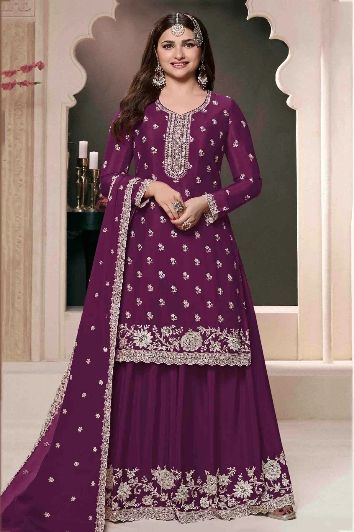 Purple Colour Chinon Palazzo Pant Suit SM1140916