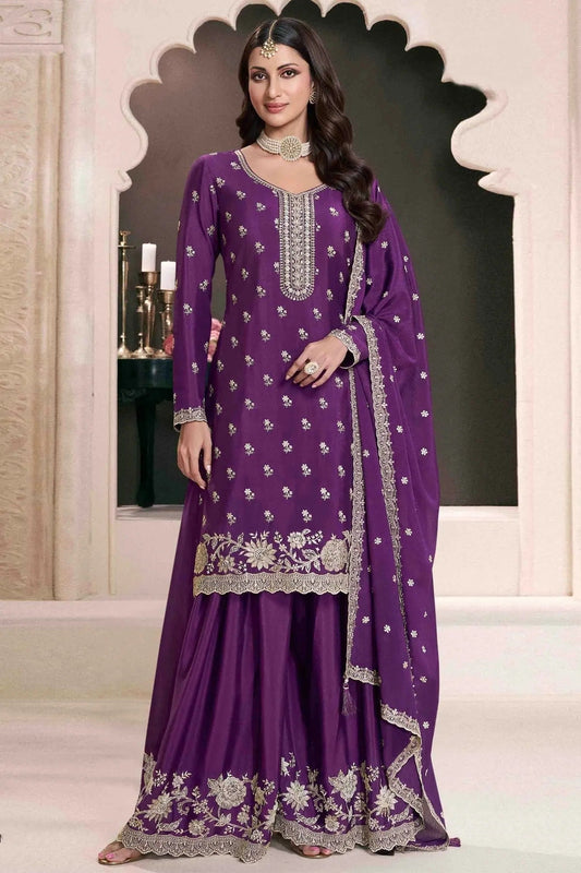 Purple Colour Chinon Palazzo Pant Suit SM1140923