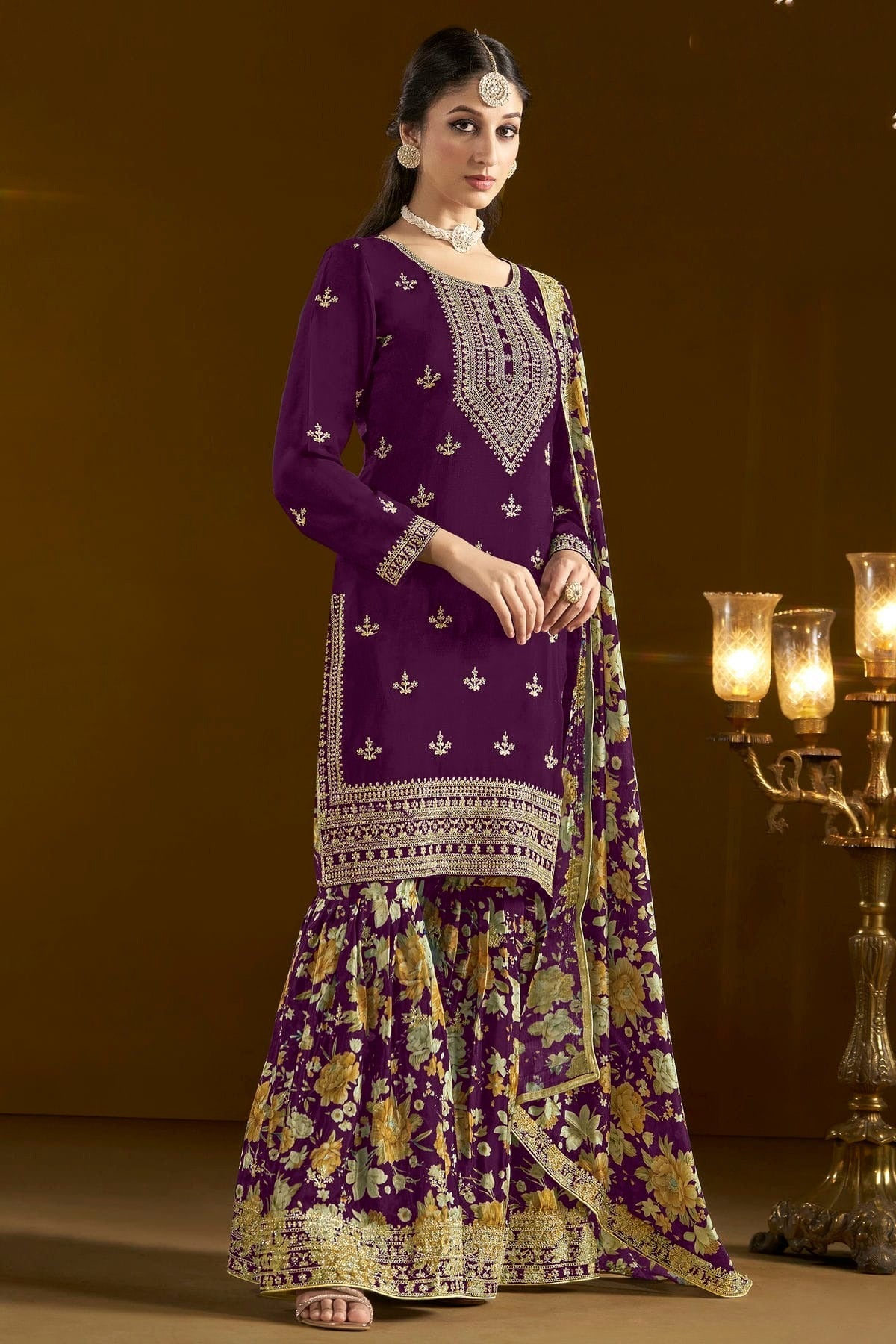 Purple Colour Chinon Semi Stitched Sharara Suit SM1050654 A
