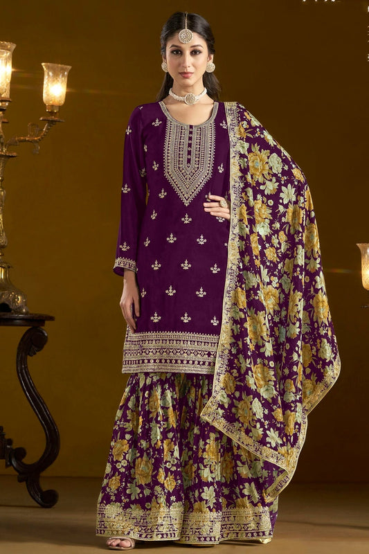 Purple Colour Chinon Semi Stitched Sharara Suit SM1050654