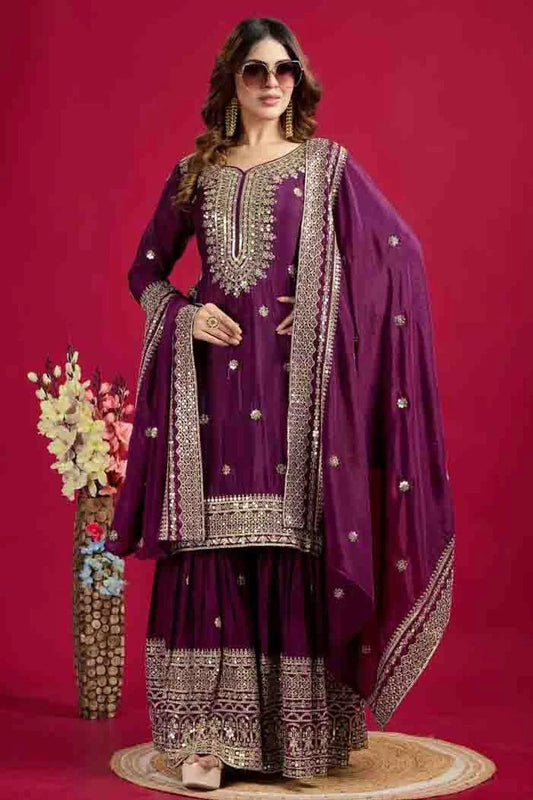 Purple Colour Chinon Silk Stitched Sharara Suit SS1140772