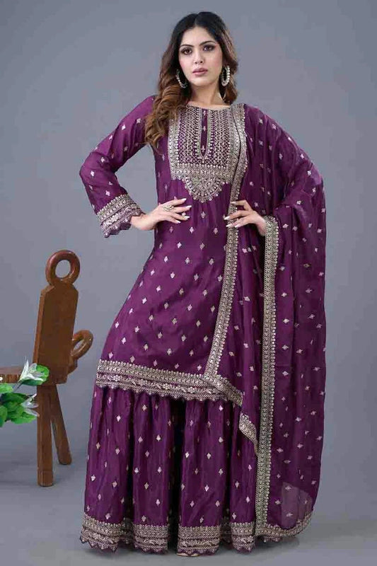 Purple Colour Chinon Silk Stitched Sharara Suit SS1140944