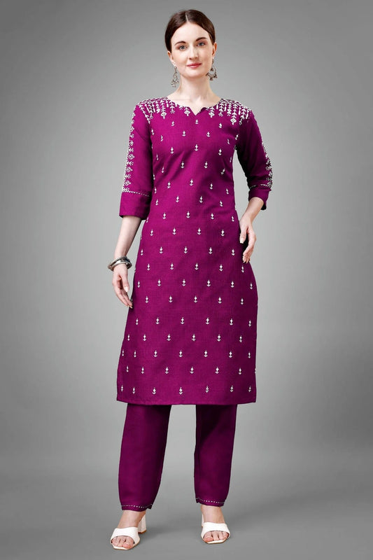 Purple Colour Cotton Blend Kurta And Pant Set KR1111330