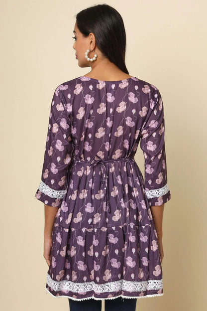 Purple Colour Cotton Printed Lace Work Readymade Top TP1110767 A