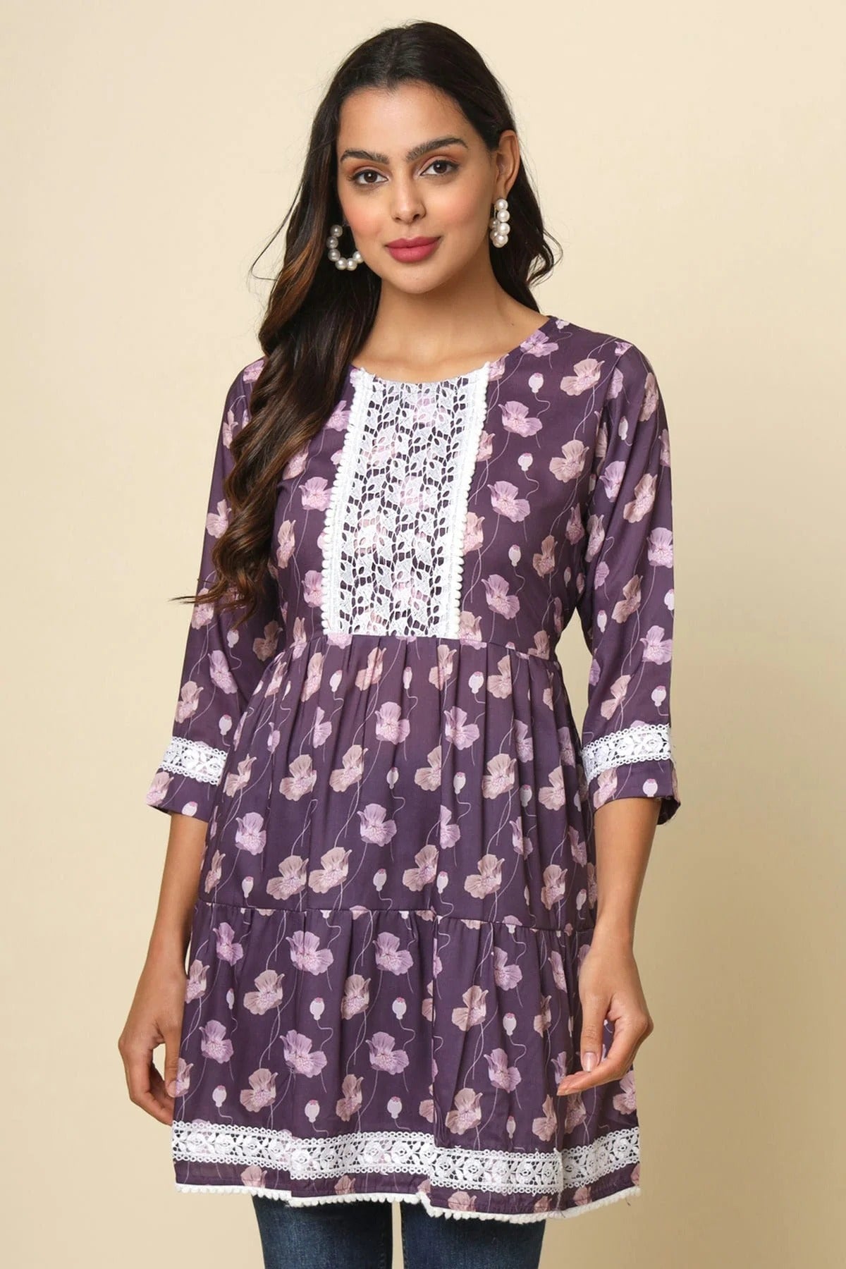 Purple Colour Cotton Printed Lace Work Readymade Top TP1110767
