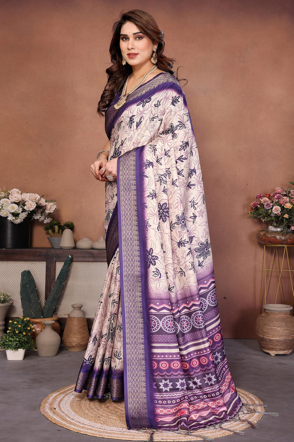 Purple Colour Cotton Silk Printed Saree