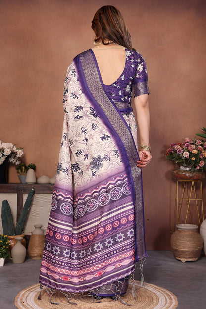 Purple Colour Cotton Silk Printed Saree