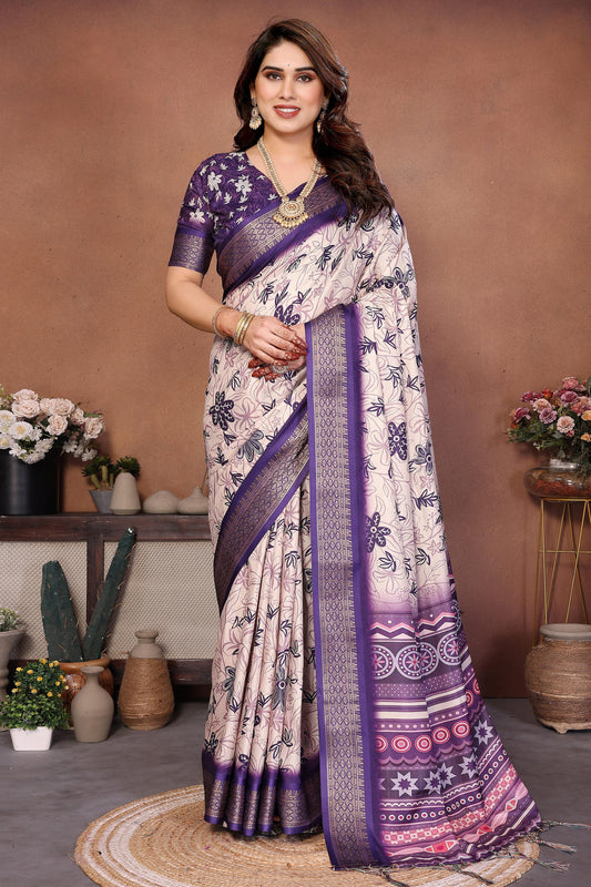 Purple Colour Cotton Silk Printed Saree