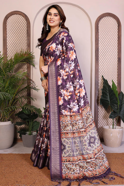 Purple Colour Cotton Silk Printed Saree
