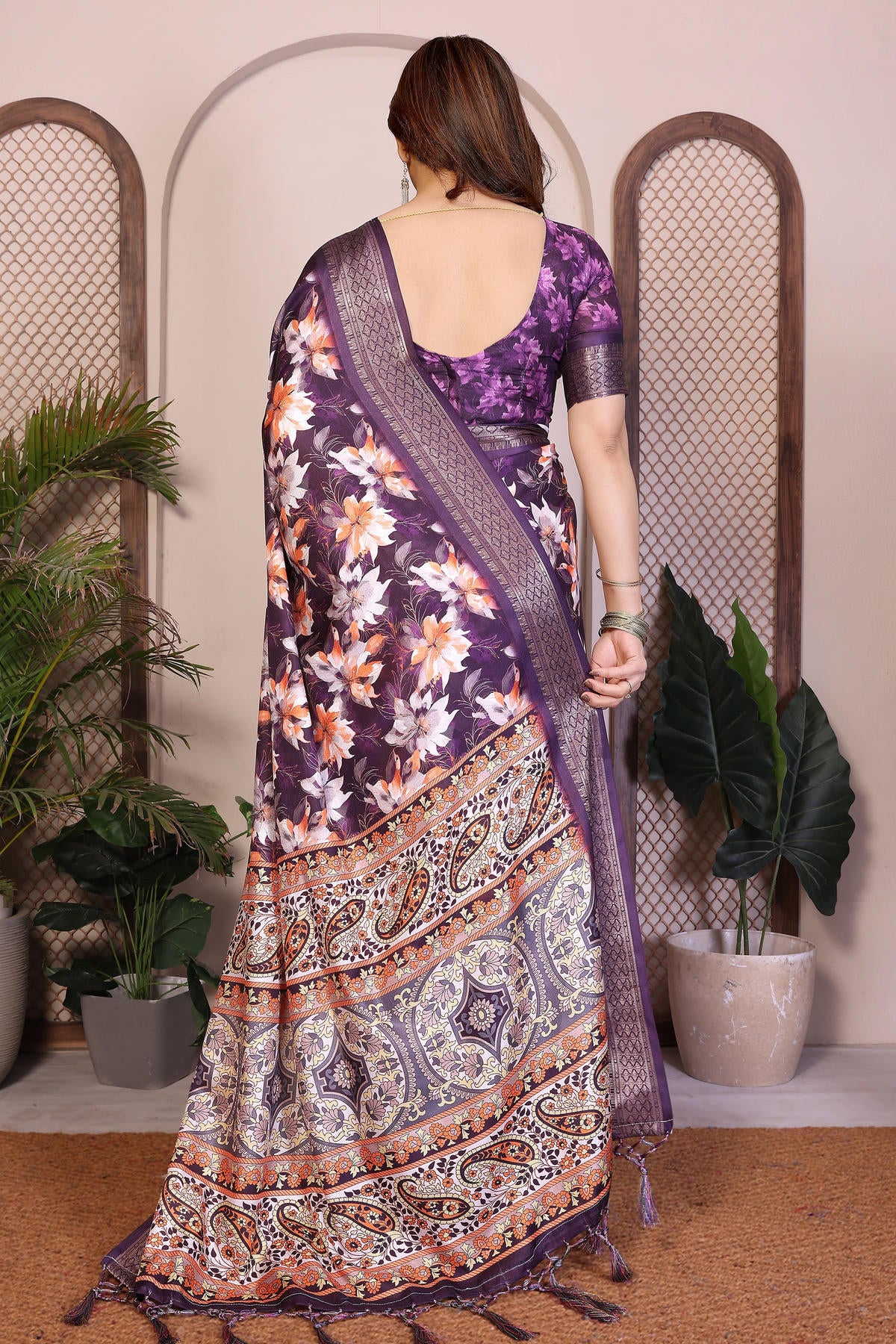 Purple Colour Cotton Silk Printed Saree