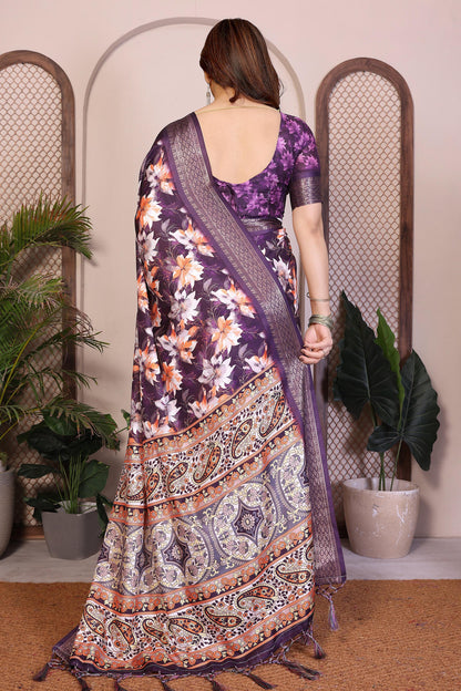 Purple Colour Cotton Silk Printed Saree