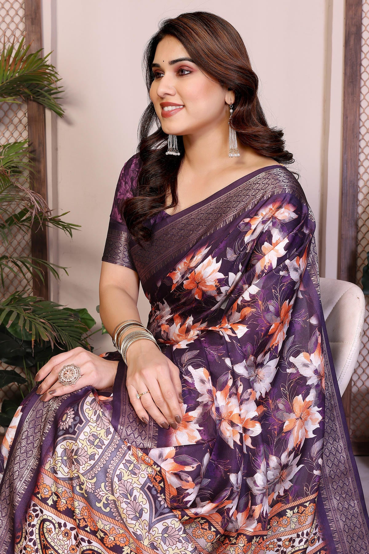 Purple Colour Cotton Silk Printed Saree