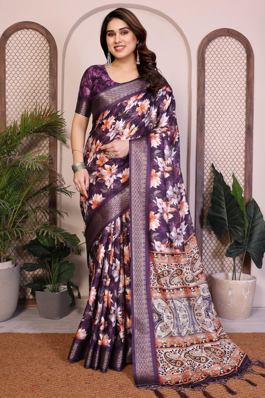 Purple Colour Cotton Silk Printed Saree
