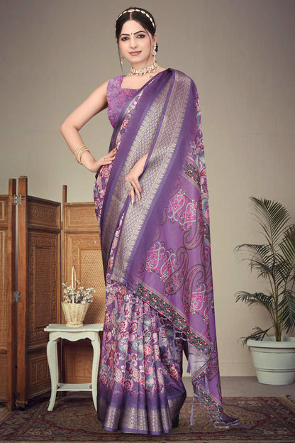 Purple Colour Cotton Silk Printed Saree