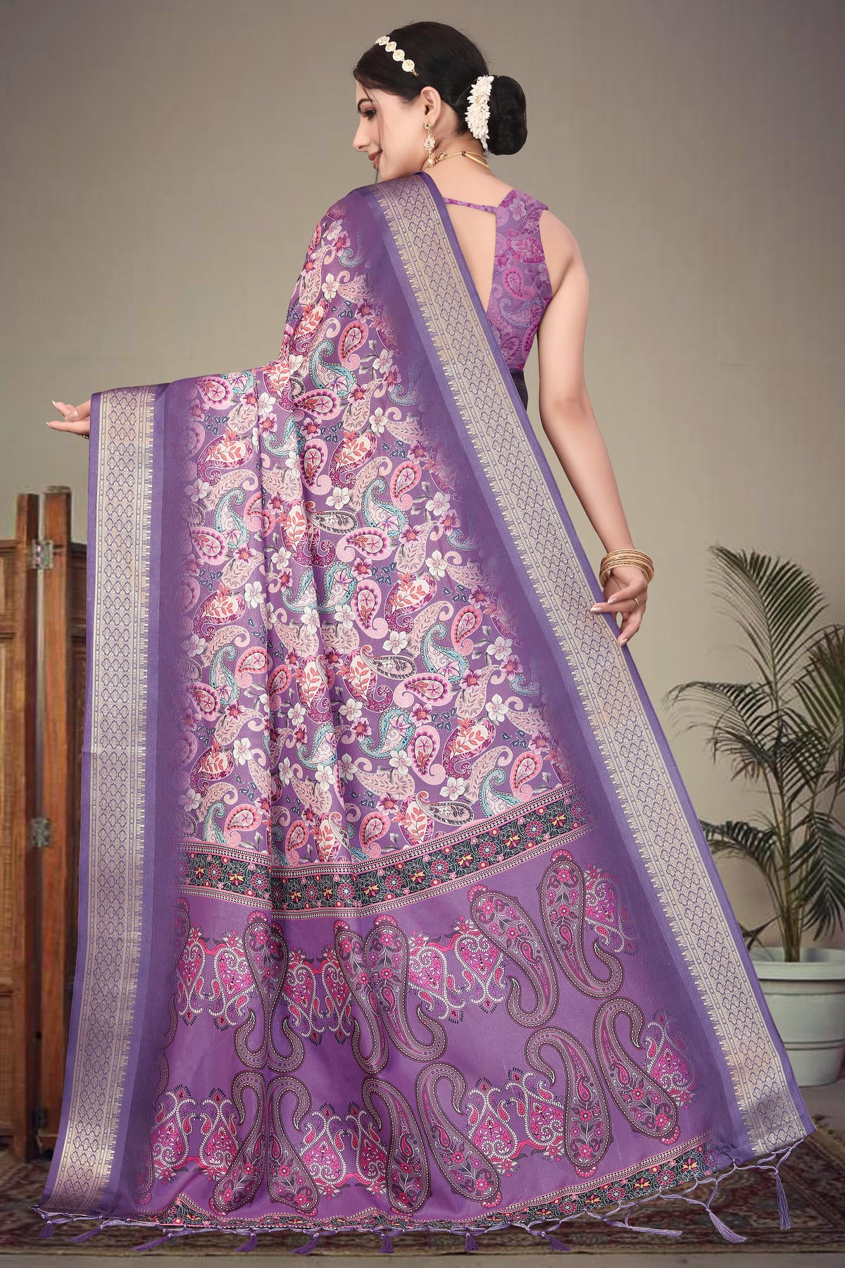 Purple Colour Cotton Silk Printed Saree