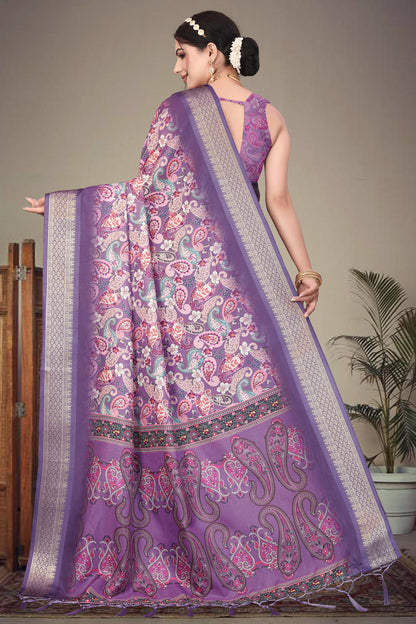 Purple Colour Cotton Silk Printed Saree