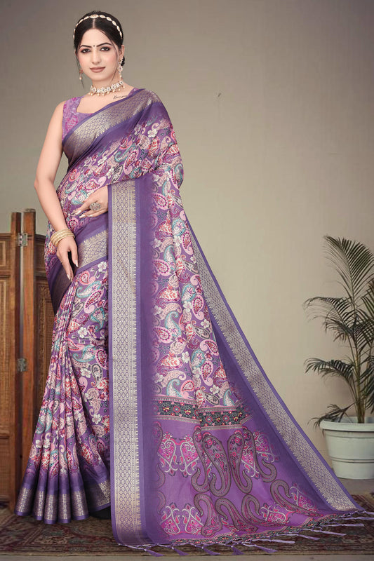Purple Colour Cotton Silk Printed Saree
