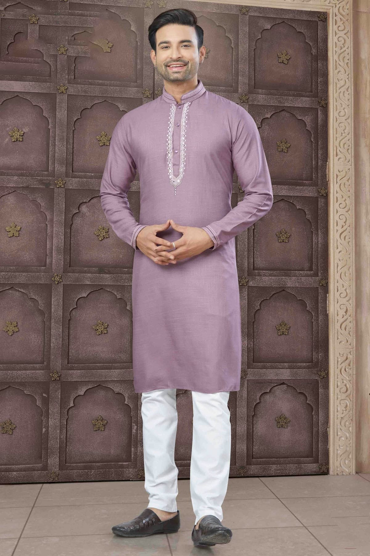 Purple Colour Embroidery Cotton Kurta Pajama KP1113458