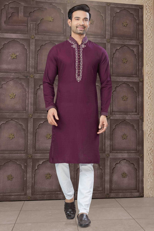 Purple Colour Embroidery Cotton Kurta Pajama KP1113460