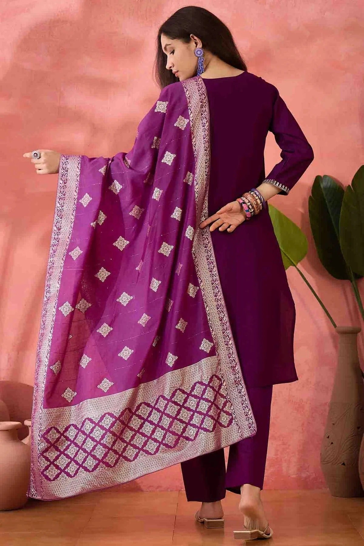 Purple Colour Embroidery Roman Silk Pant Style Suit SS1113518 A