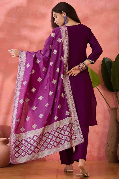 Purple Colour Embroidery Roman Silk Pant Style Suit SS1113518 A