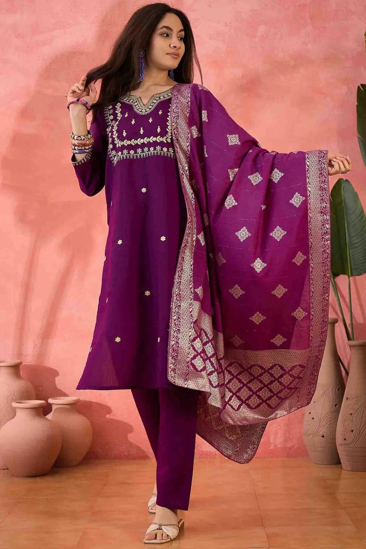 Purple Colour Embroidery Roman Silk Pant Style Suit SS1113518