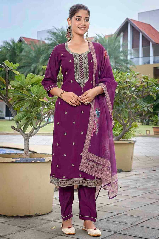 Purple Colour Embroidery Viscose Chanderi Pant Style Suit SS1113461