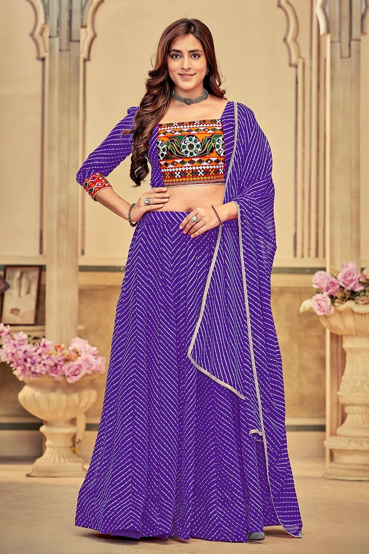 Purple Colour Embroidery Work Georgette Navratri Lehenga LD1170017
