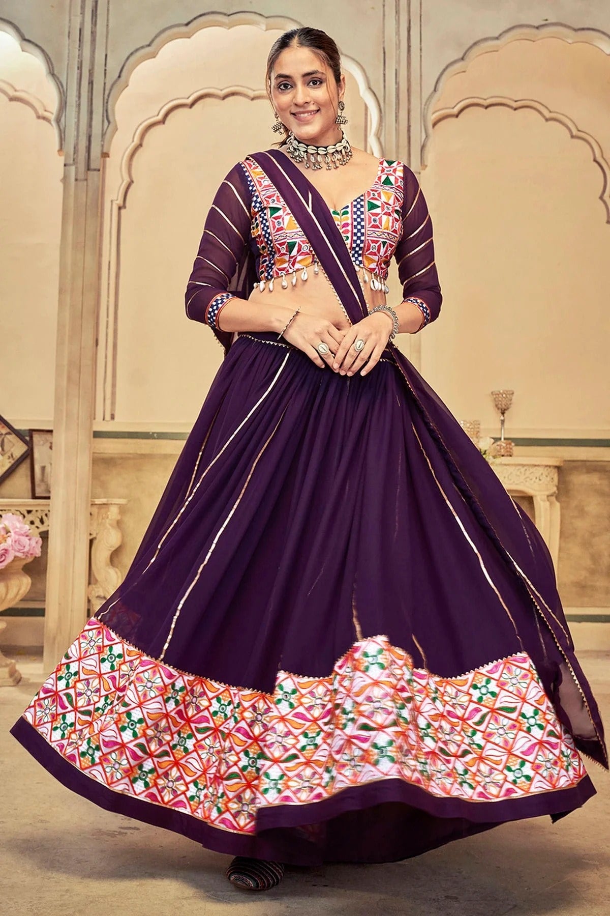Purple Colour Embroidery Work Georgette Navratri Lehenga LD1170025