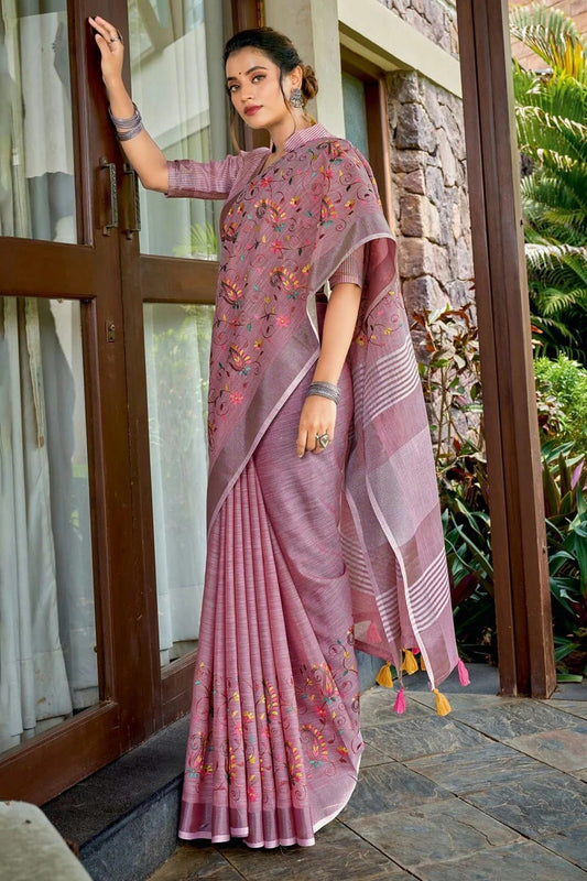 Purple Colour Embroidery Work Linen Saree SD1101357