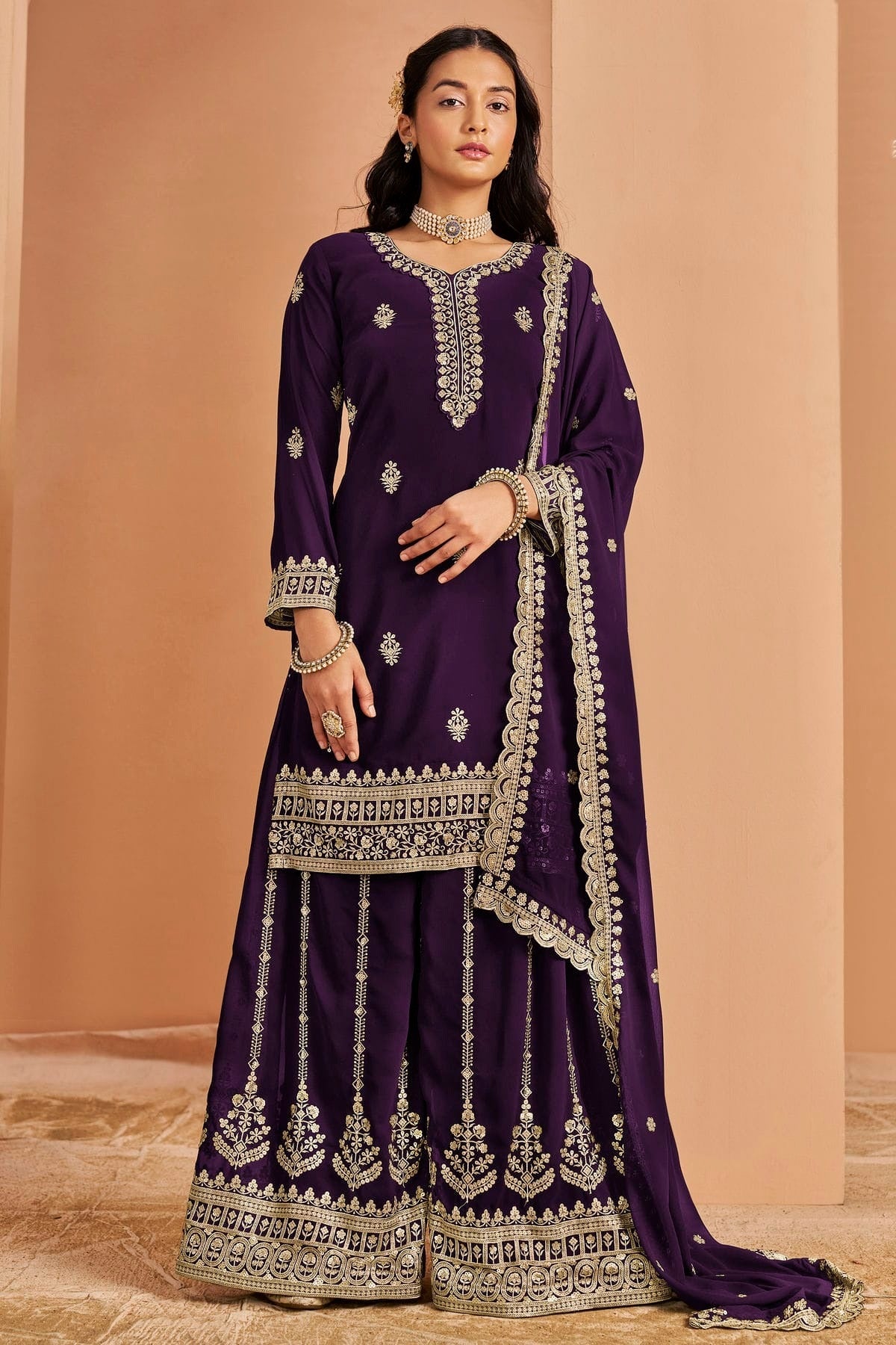 Purple Colour Faux Georgette Palazzo Pant Suit SM1050678 A