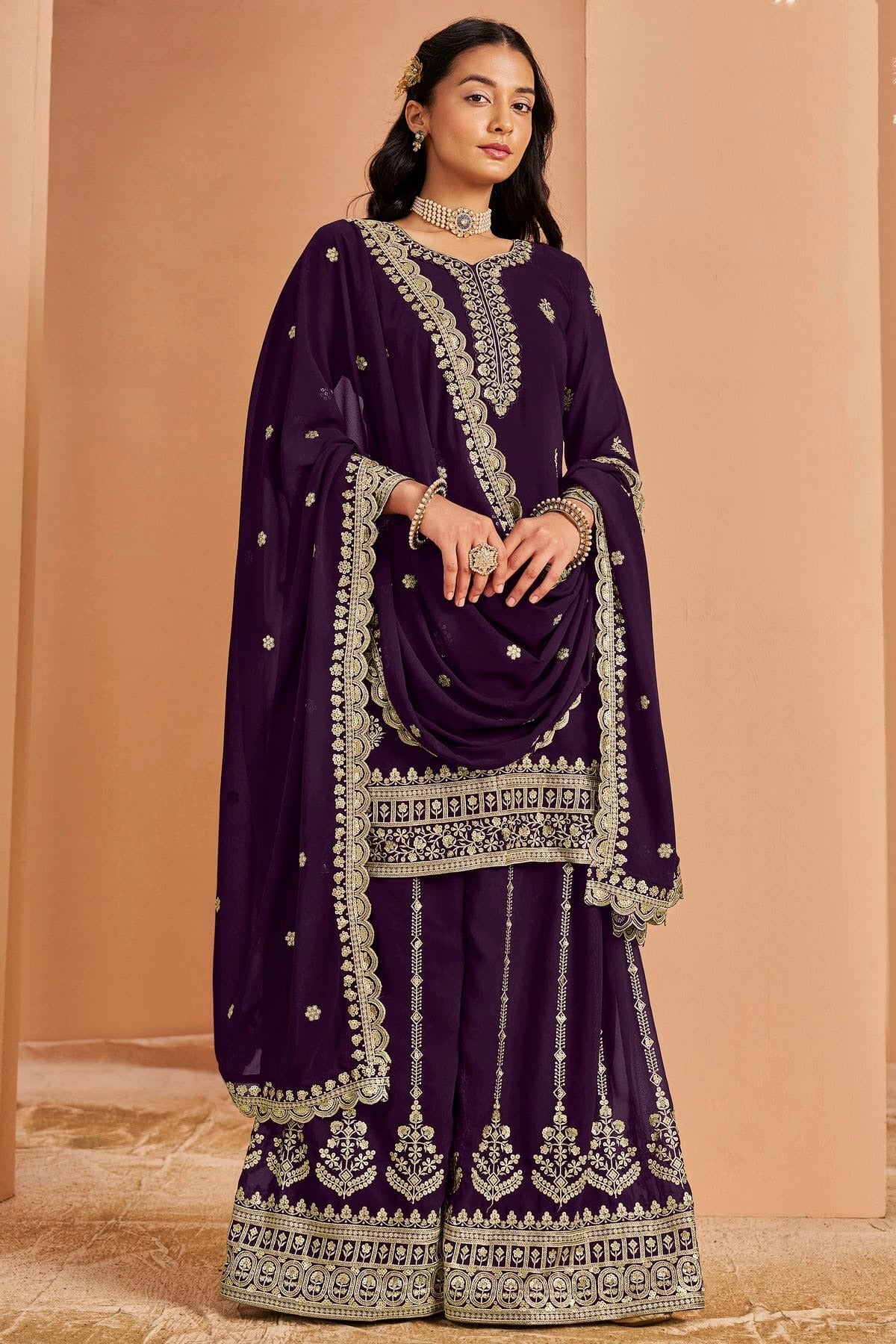 Purple Colour Faux Georgette Palazzo Pant Suit SM1050678