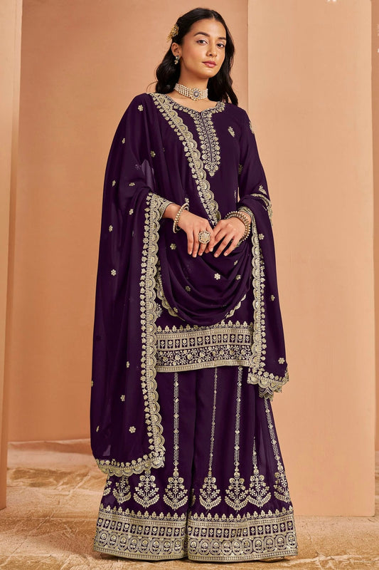 Purple Colour Faux Georgette Palazzo Pant Suit SM1050678