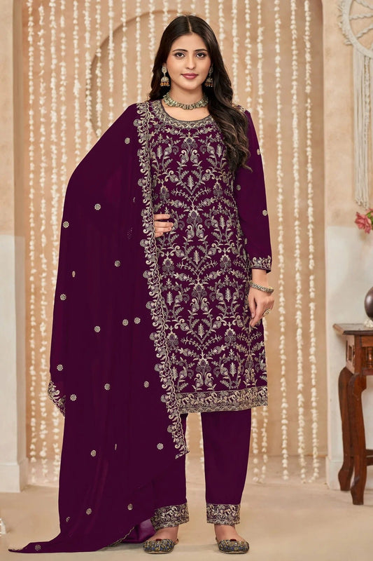 Purple Colour Faux Georgette Pant Style Suit SM1050589