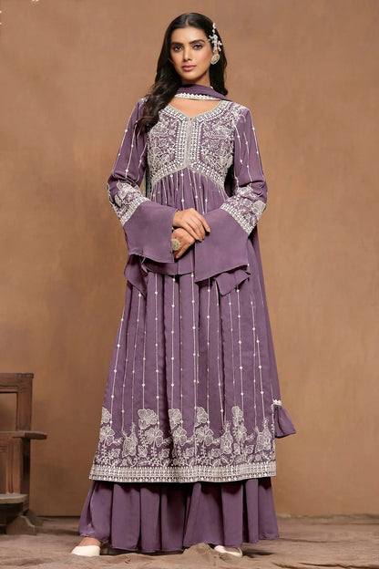 Purple Colour Faux Georgette Semi Stitched Sharara Suit SM1050597
