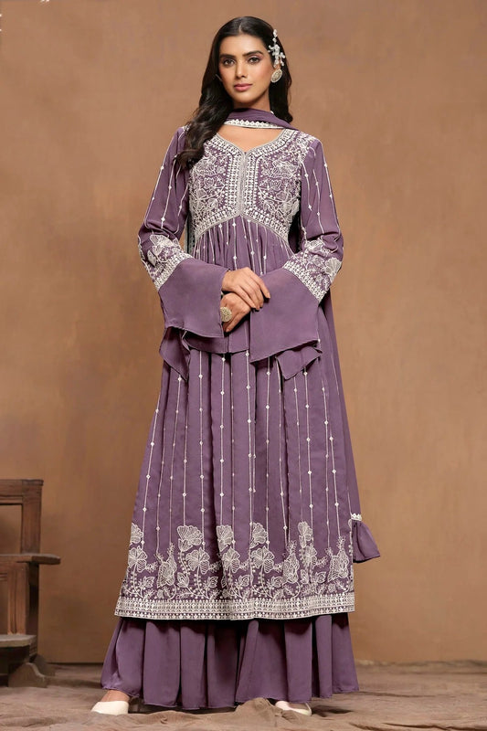 Purple Colour Faux Georgette Semi Stitched Sharara Suit SM1050597