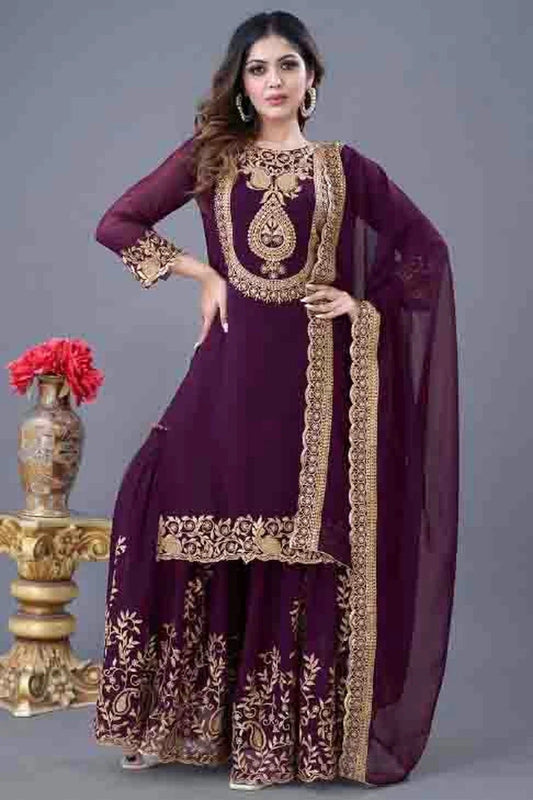 Purple Colour Faux Georgette Stitched Sharara Suit SS1140946