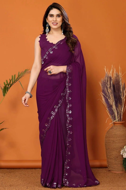 Purple Colour Georgette Mirror Work Saree SD1180120