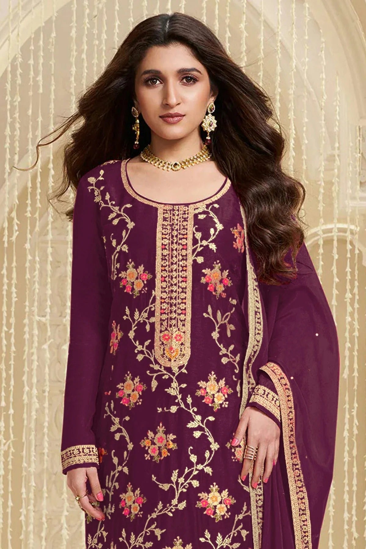 Purple Colour Jacquard Viscose Straight Suit SM1140581 A