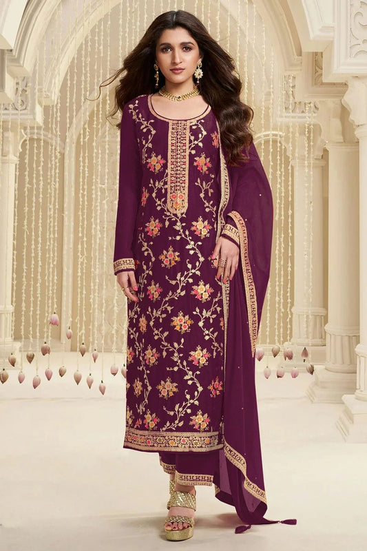 Purple Colour Jacquard Viscose Straight Suit SM1140581