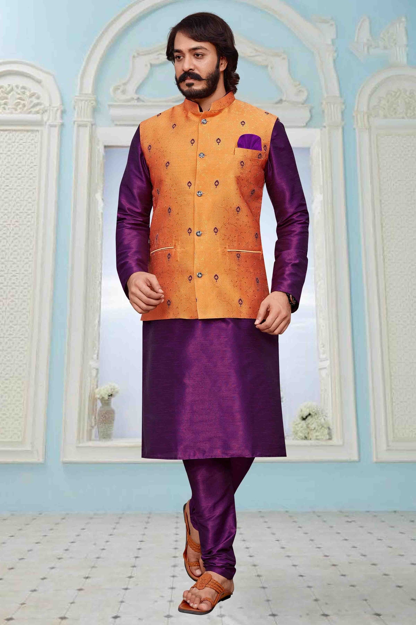 Purple Colour Kurta Pajama With Jacket In Fancy Silk KP1210347