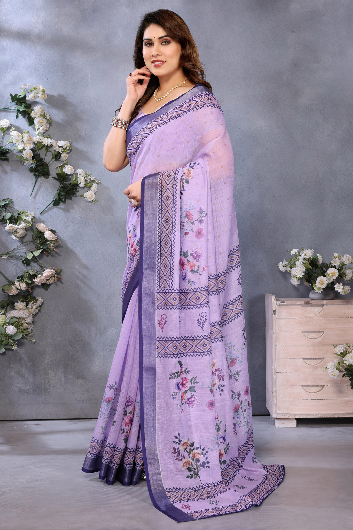 Purple Colour Linen Cotton Printed Saree