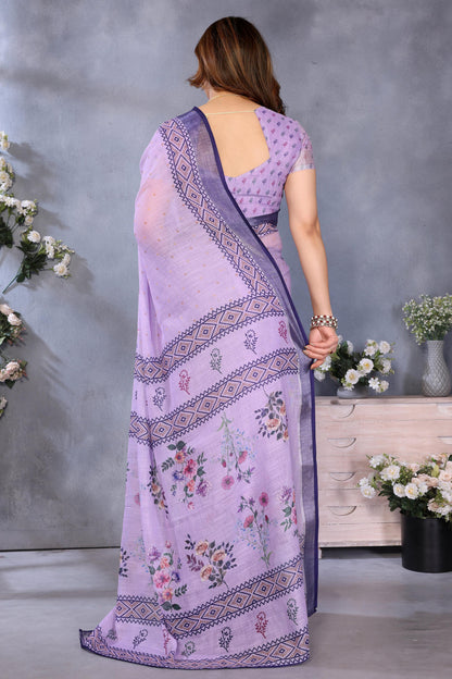 Purple Colour Linen Cotton Printed Saree