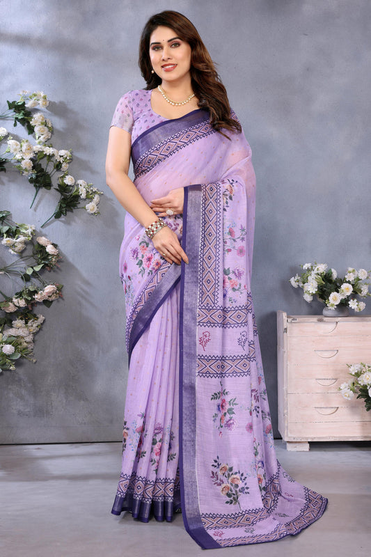 Purple Colour Linen Cotton Printed Saree