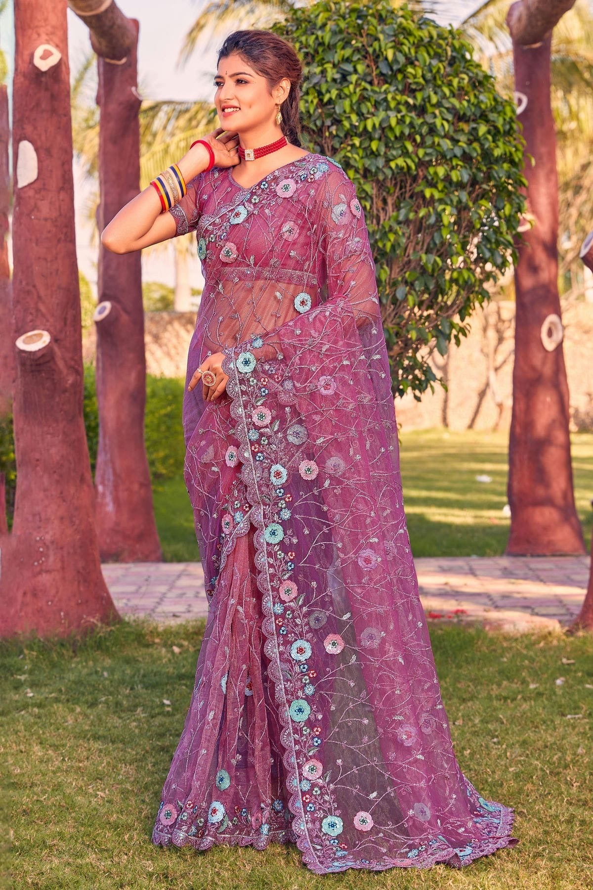 Purple Colour Net Designer Saree LC1121357
