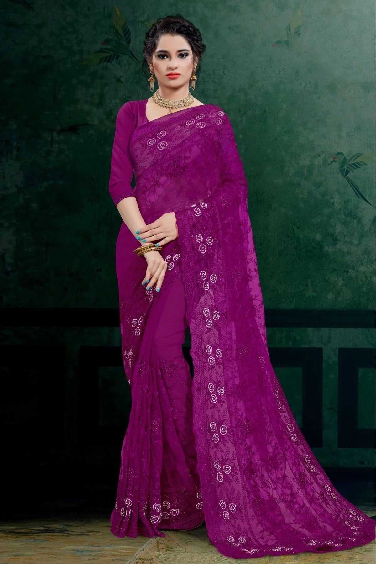 Purple Colour Net Embroidery Saree SD1090108